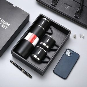 Zhltools Üç Bardaklı Kutulu Paslanmaz Termos Seti Siyah 500 ml Çelik Termos
