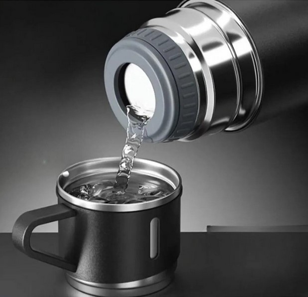 Zhltools Üç Bardaklı Kutulu Paslanmaz Termos Seti Siyah 500 ml Çelik Termos - Görsel 3