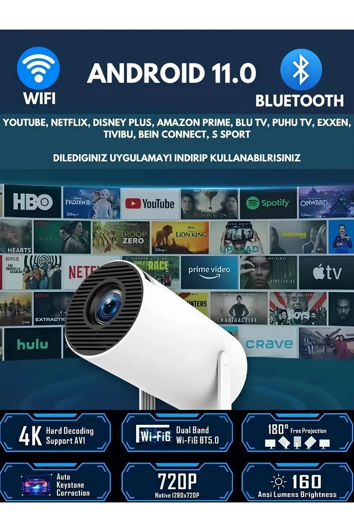 HY300 PRO 4K Taşınabilir Sinema Projeksiyon 1280*720P Ev Sineması Android 11 Akıllı Projektör - Görsel 2