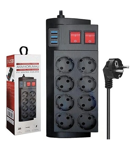 8'li Priz 3 Usb Li 2 Metre Uzatma Kablosu Çoklu Priz Termal Akım Korumalı - Görsel 3