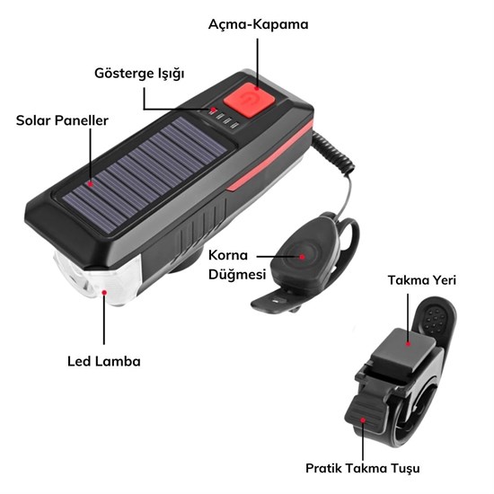 Zhltools Solar Enerjili USB ile Şarj Edilebilir Ledli Bisiklet Feneri Kornalı ve Su Geçirmez Far - Görsel 2